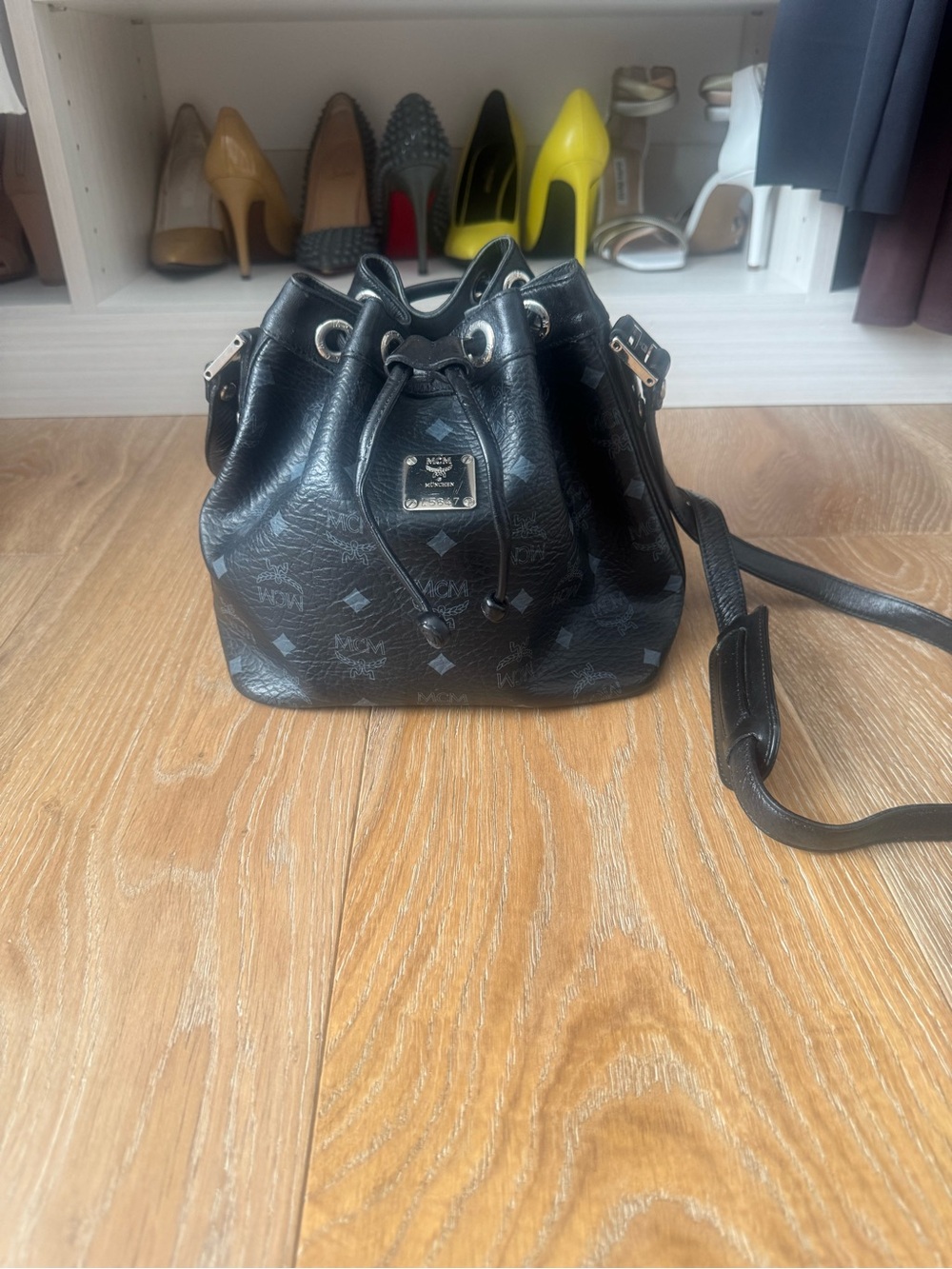 MCM Black Logo Drawstring Mini Bucket Bag